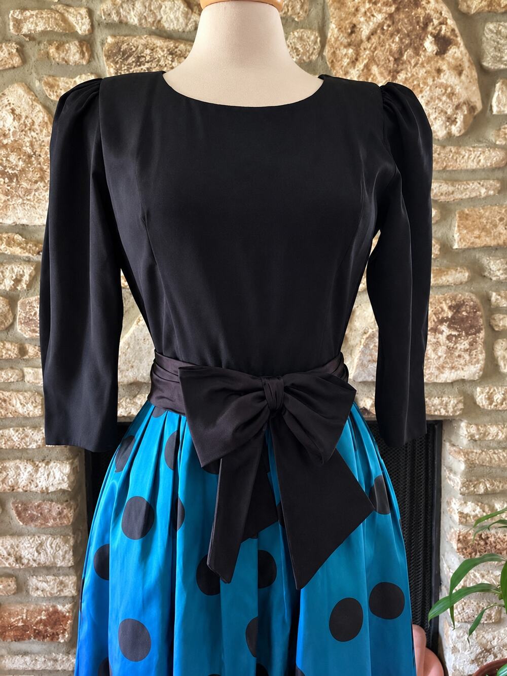 Vintage 80s Black & Teal Polka Dot Dress - Lanz - S/M